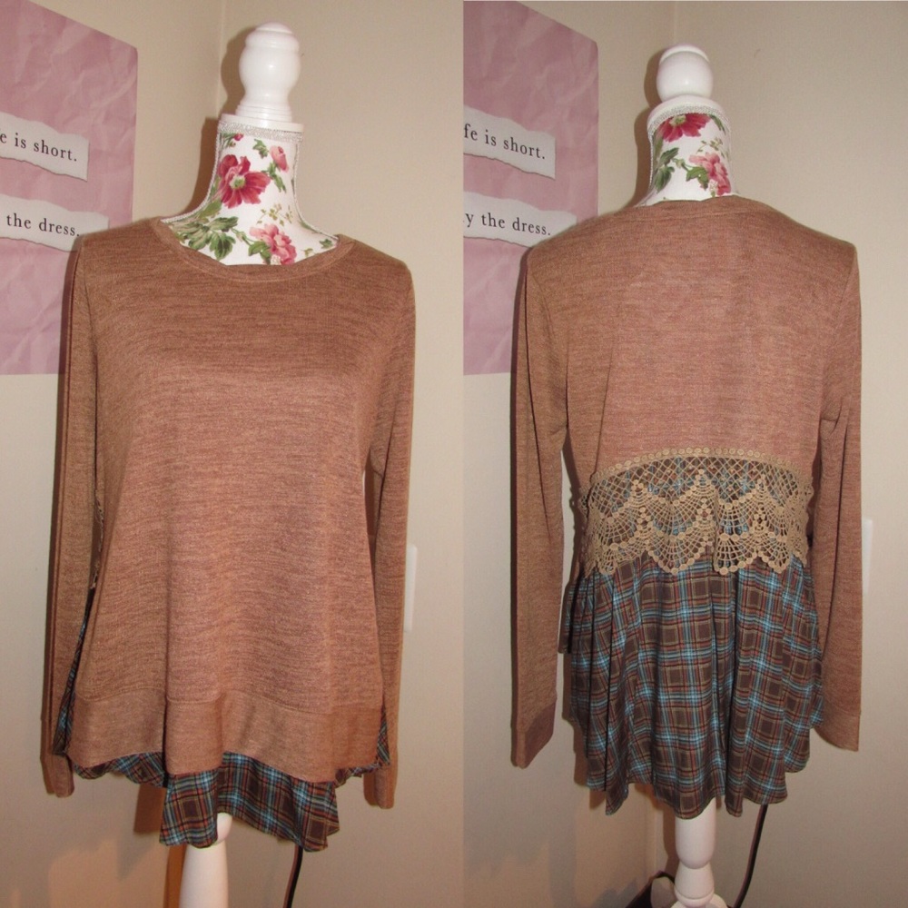 Medium Brown & Plaid Blouse - (NWT)